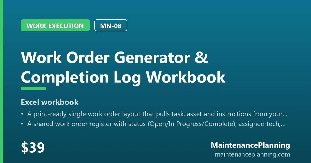 Work Order Generator & Completion Log Workbook